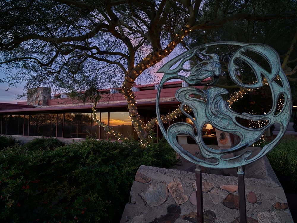 Heloise Crista&rsquo;s &ldquo;Solar Wind&rdquo; sculpture on the Sunset Terrace at Taliesin West, renowned architect Frank…