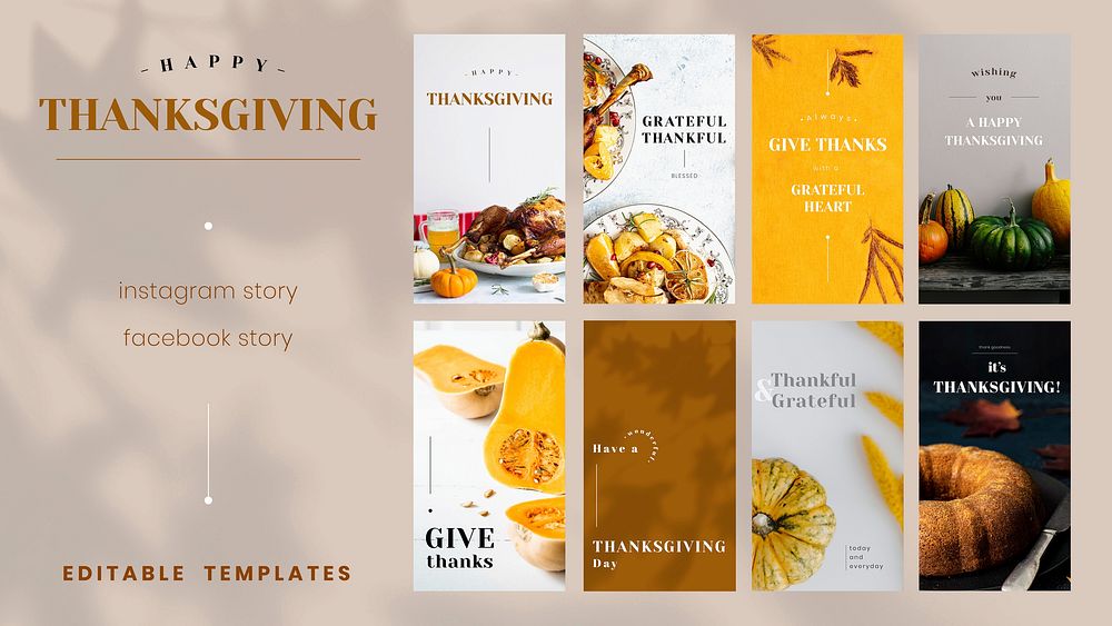 Thanksgiving greeting vector editable template set for social media stories