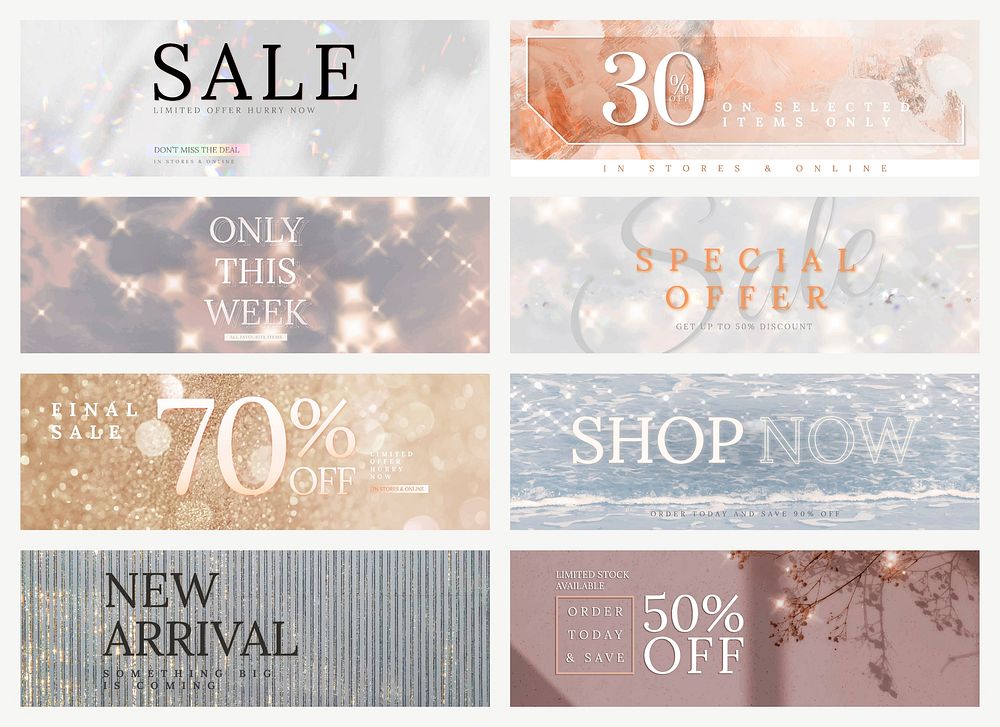 Shop sale editable template vector glitter set for social media ads
