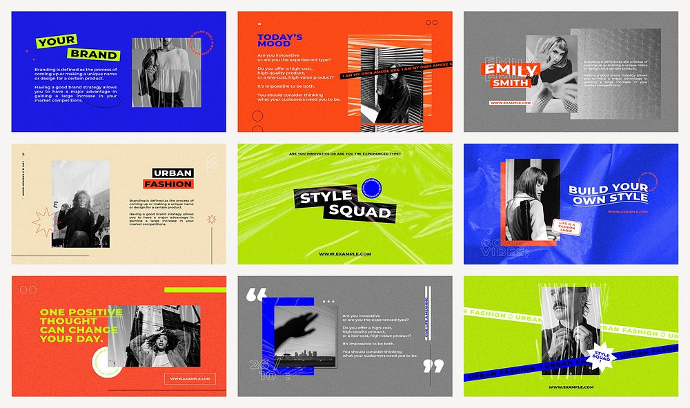 Presentation templates vector set with retro color backgrounds for street style fashion concept
