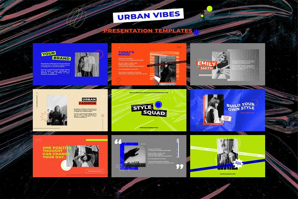 Presentation templates psd set with retro color backgrounds for street style fashion concept