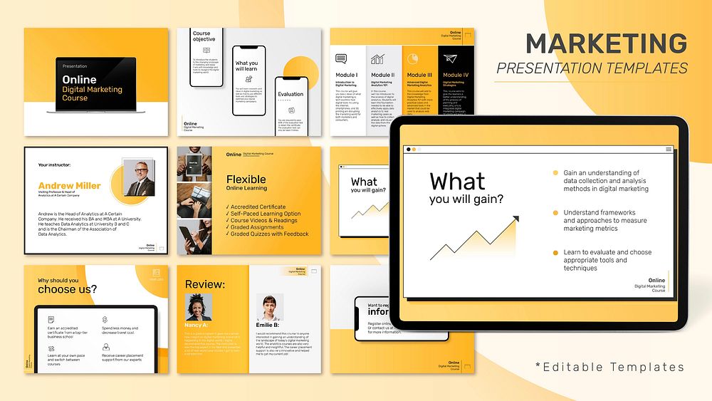 Digital marketing business template psd social media post set in yellow theme