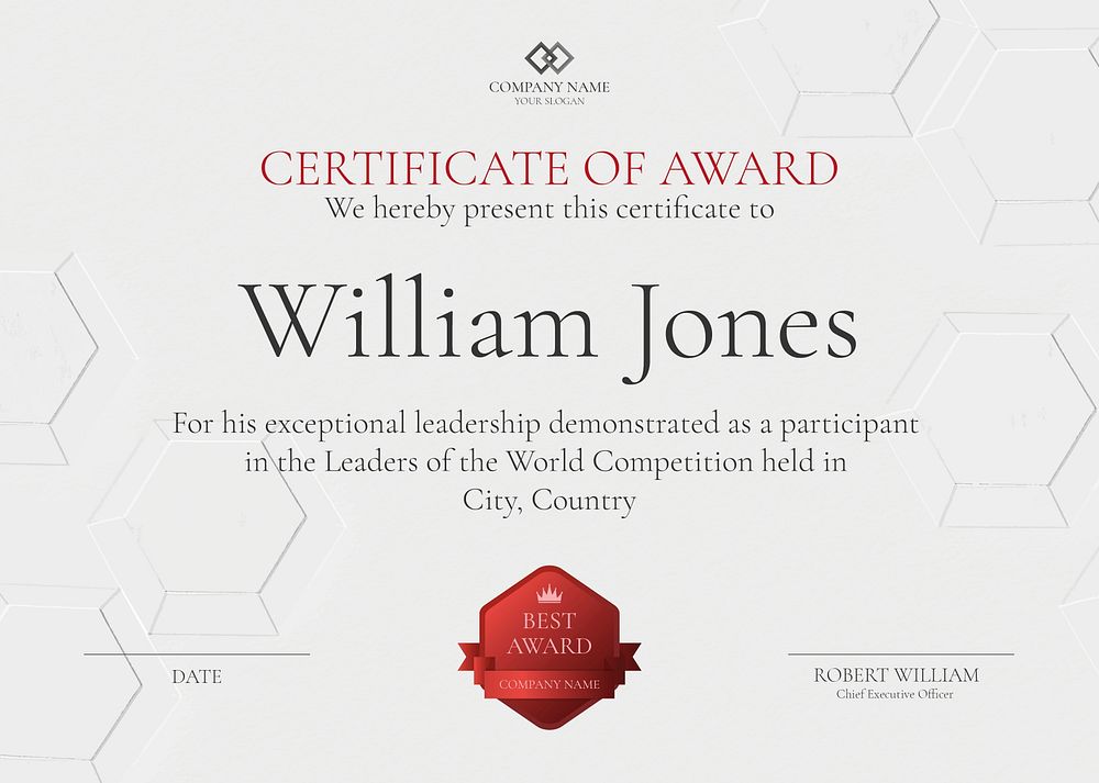 Professional award certificate template psd in white abstract design