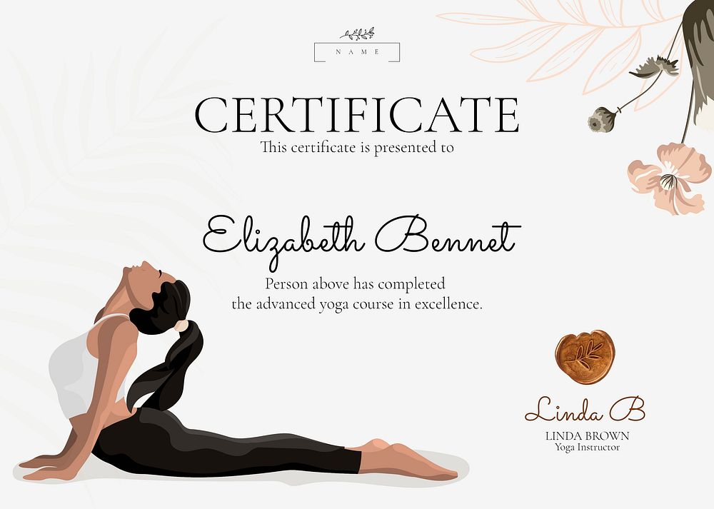 Floral yoga certificate template vector in feminine style