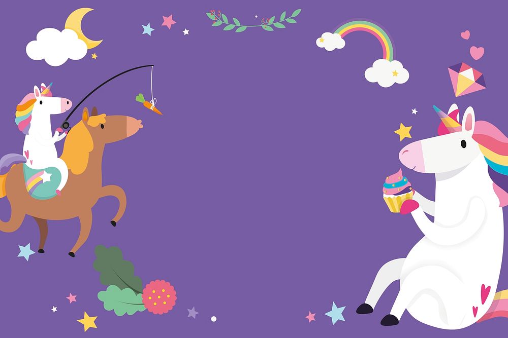 Cute unicorn frame psd on purple background for kids