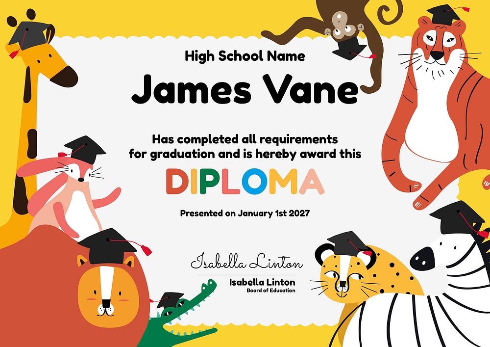 Cute colorful certificate template vector in safari design for kids
