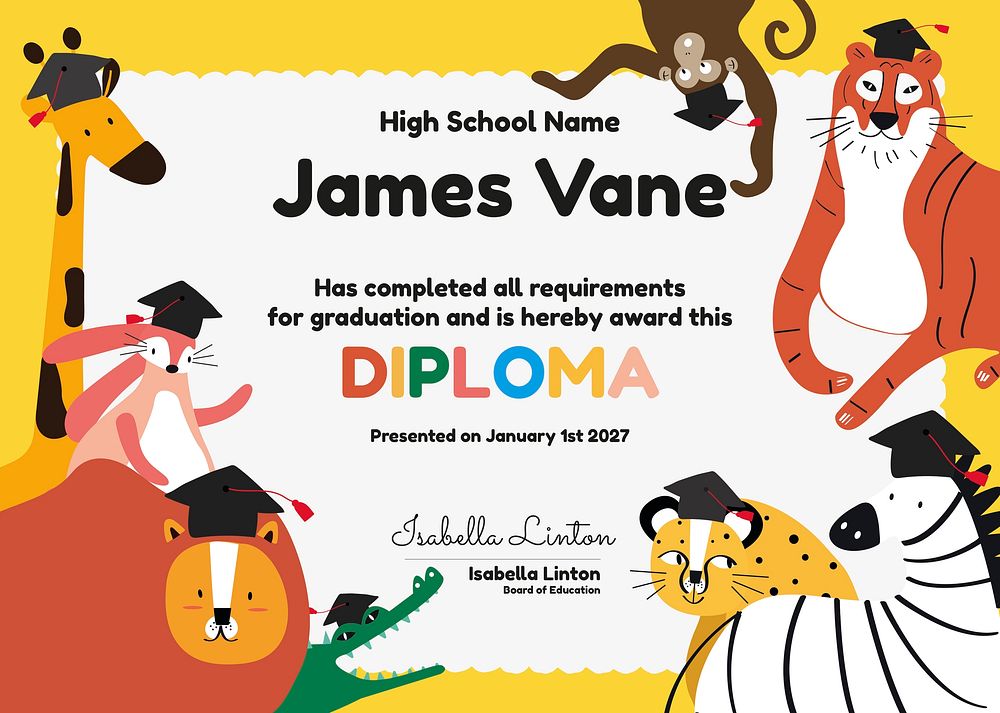 Cute colorful certificate template psd in safari design for kids