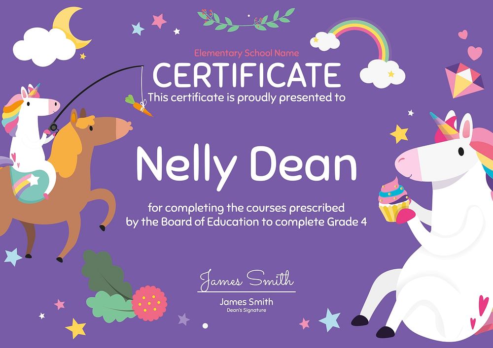 Cute colorful certificate template vector in unicorn design for kids