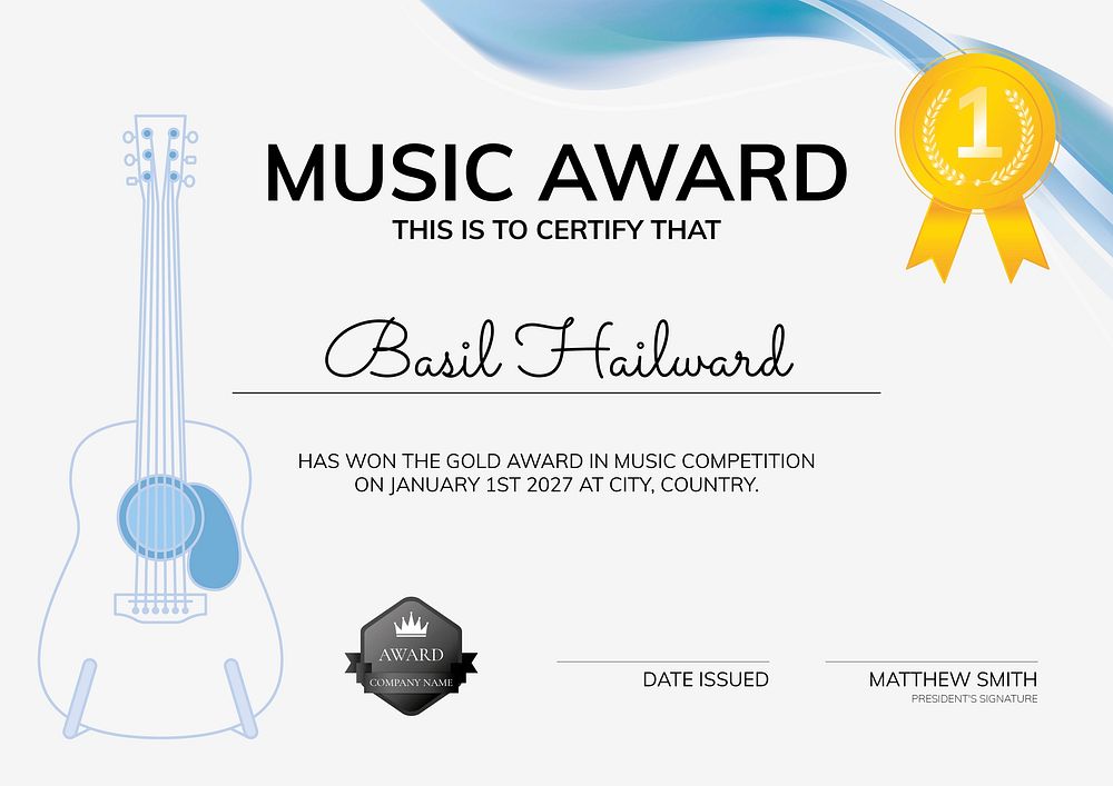 Music award certificate template vector with guitar illustration minimal design