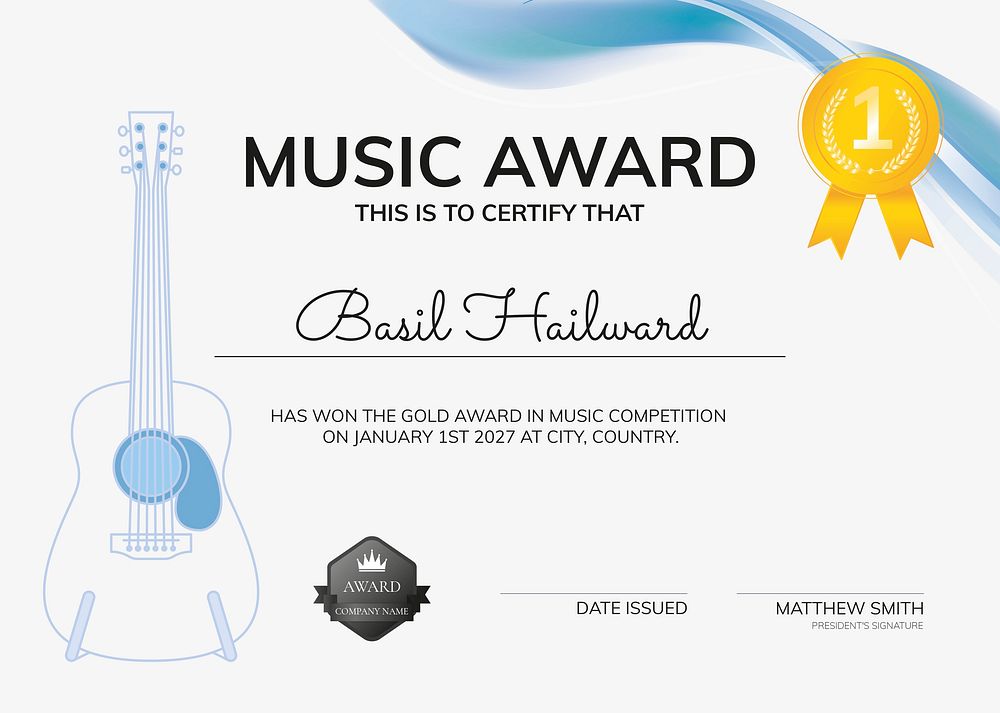 Music award certificate template psd with guitar illustration minimal design