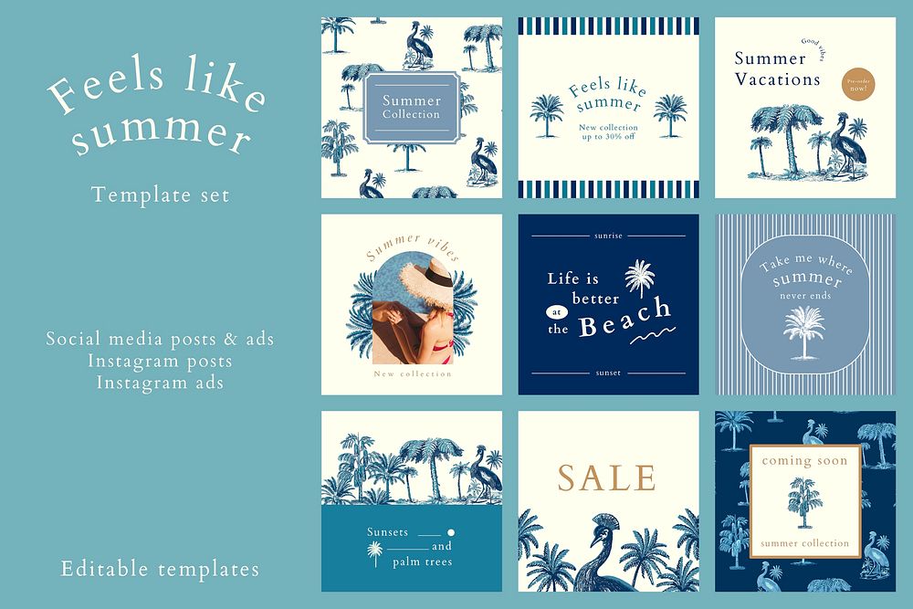 Summer sale ad vector set for social media compatible with AI