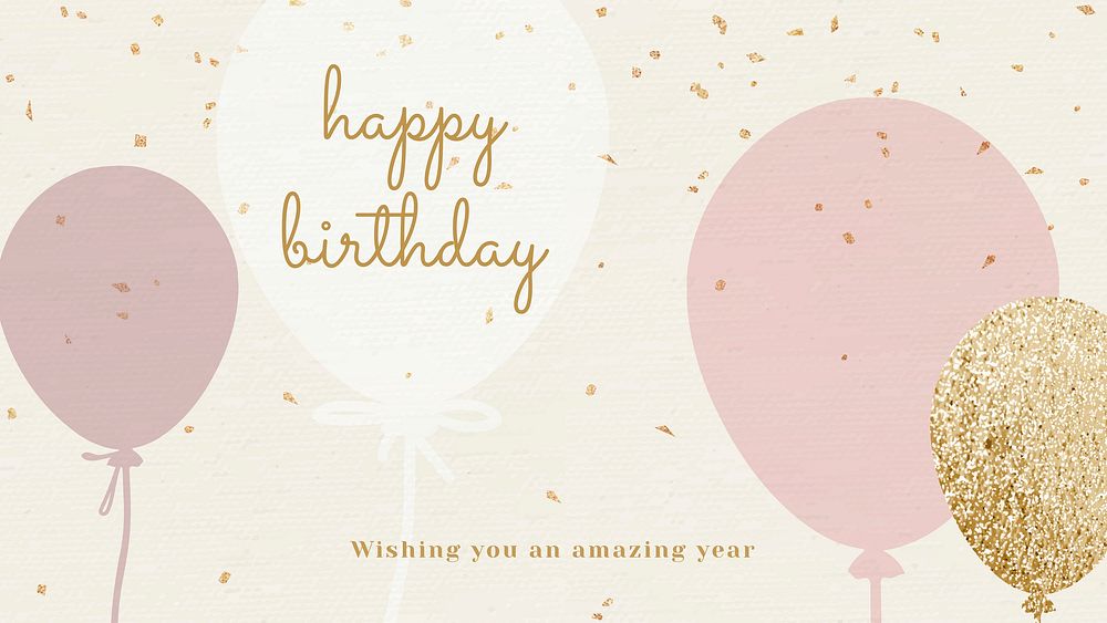 Balloon birthday greeting template vector in pink and gold tone