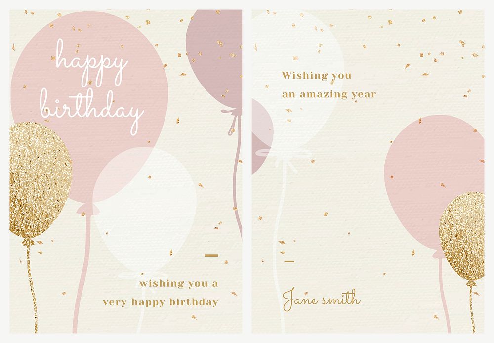 Birthday greeting card template psd in pink and gold tone set
