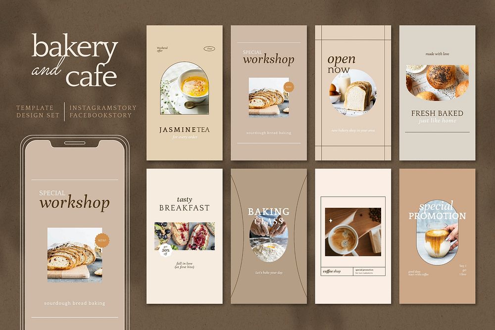 Aesthetic cafe marketing template vector social media story set