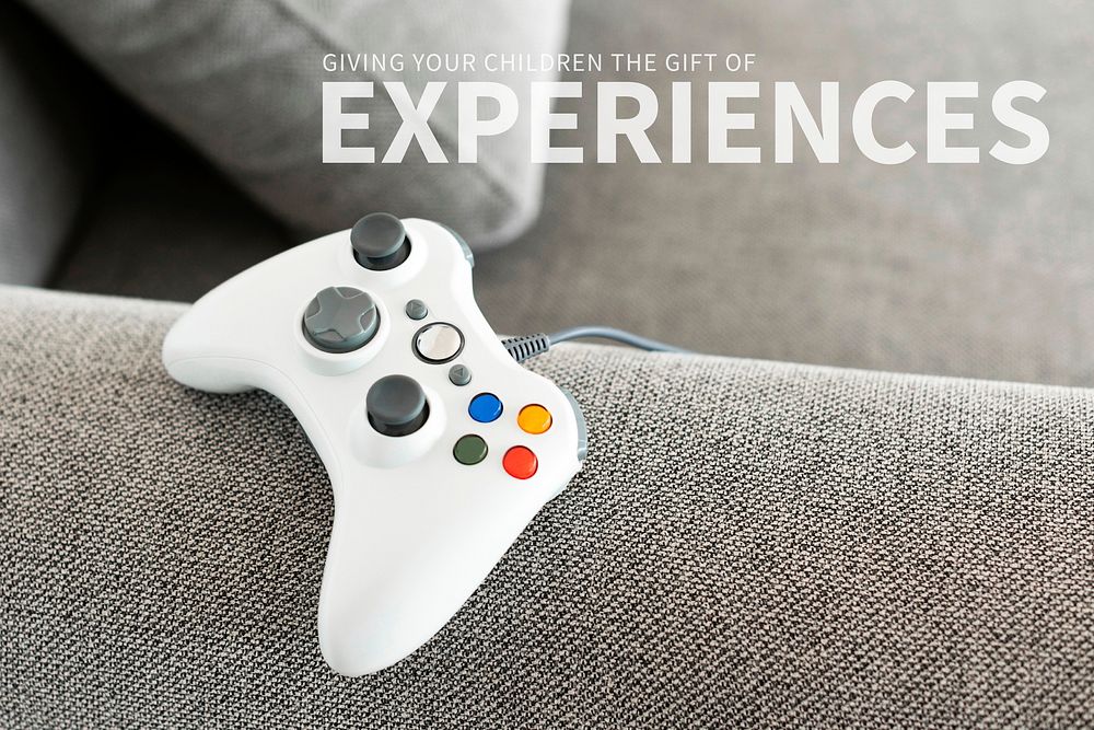 Inspirational banner template vector with game console on the couch
