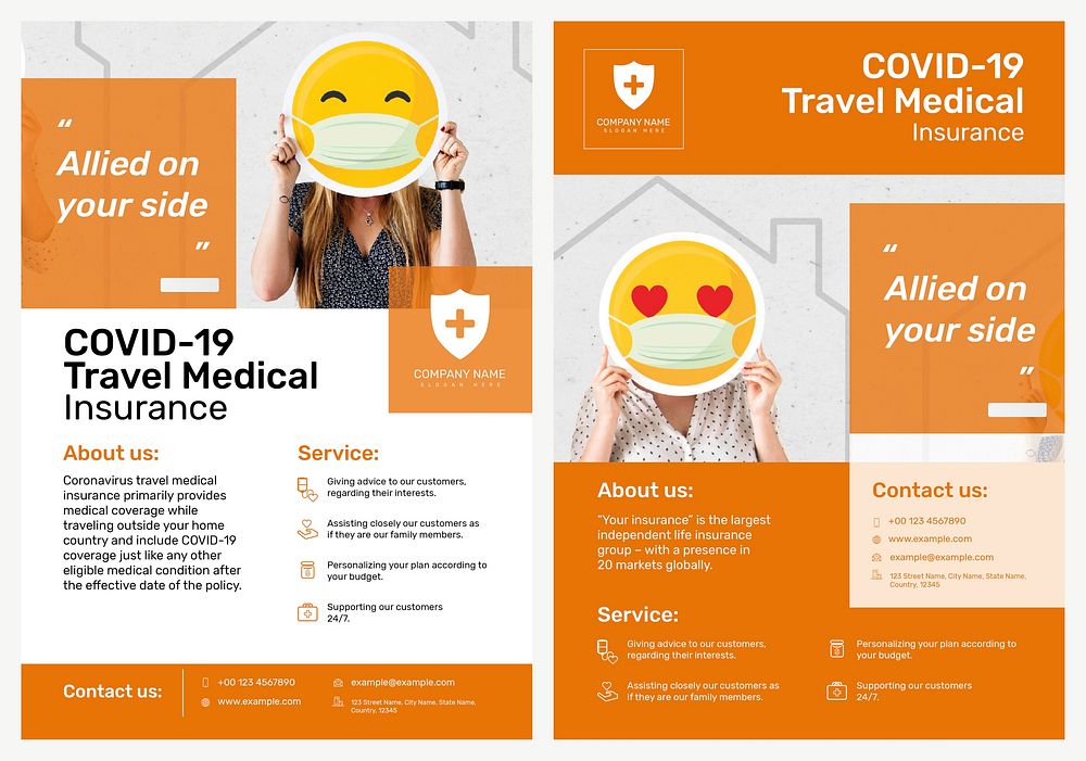 Travel medical insurance template psd for poster with editable text set