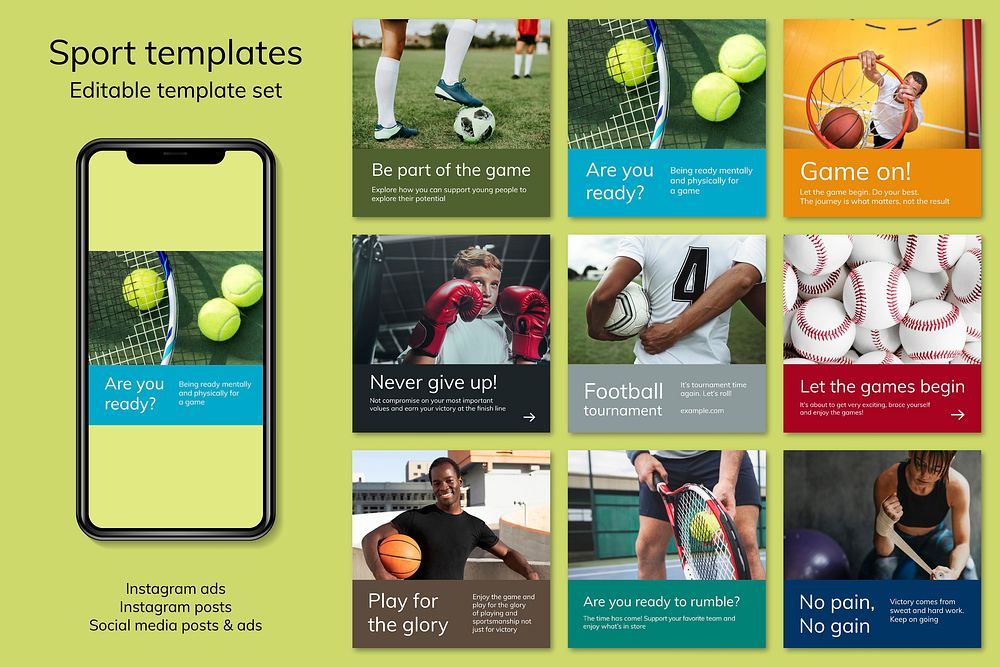 Sports marketing template psd motivational quote social media ad collection