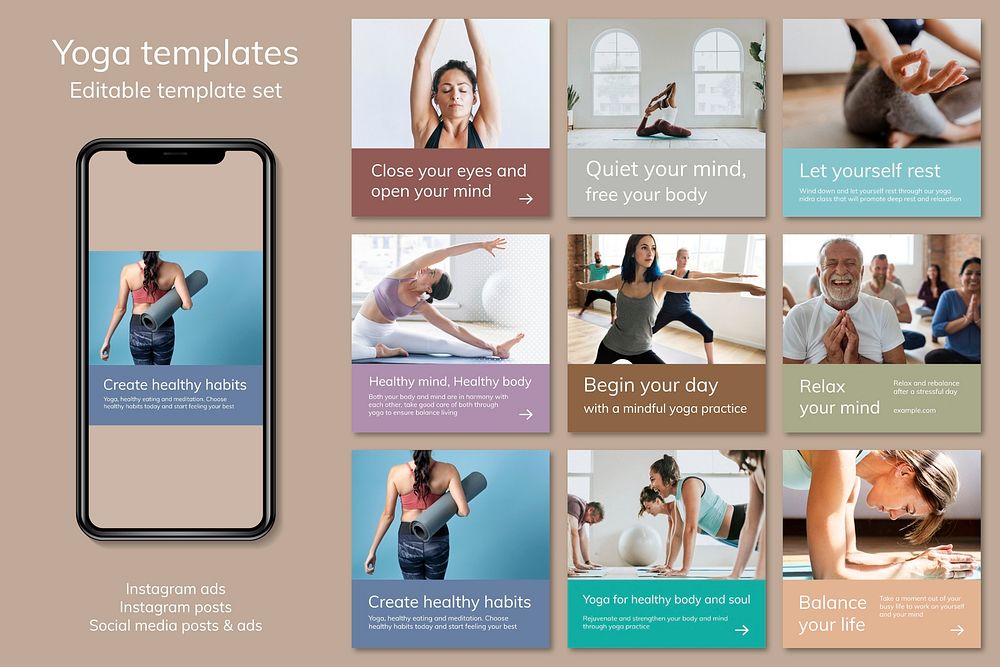 Yoga wellness marketing template psd for healthy lifestyle for social media post set