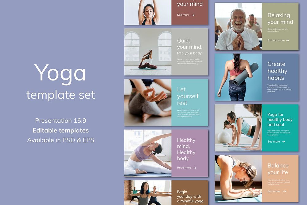 Yoga wellness marketing template psd for healthy lifestyle for presentation set