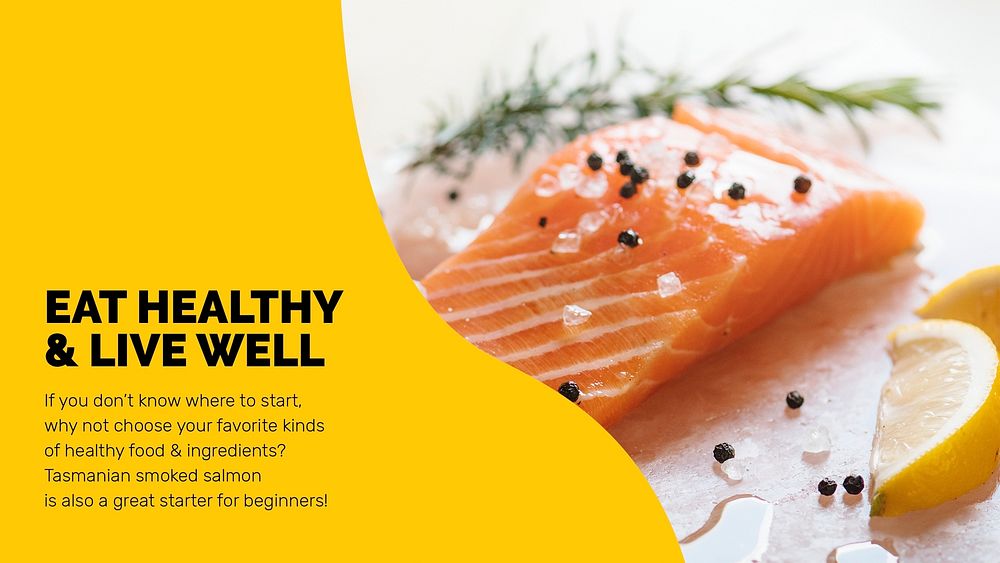 Healthy food template psd with fresh salmon marketing lifestyle presentation in abstract memphis design