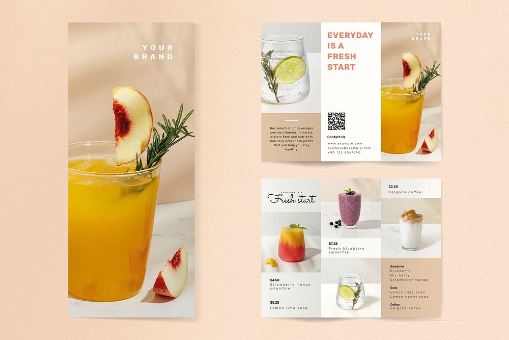 Cafe trifold brochure template psd in front and rear view
