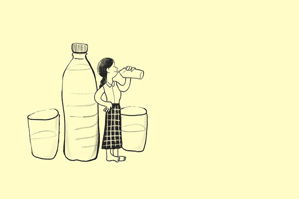 Healthy dairy habits psd background woman drinking water healthcare doodle
