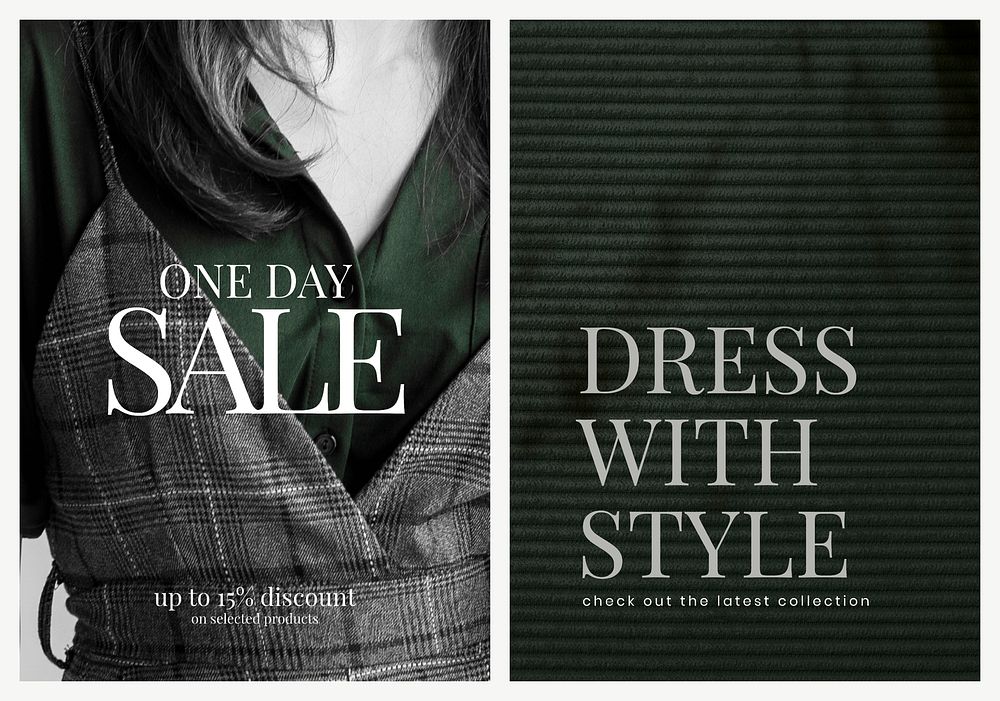 Unisex fashion sale template psd poster set in green and dark tone