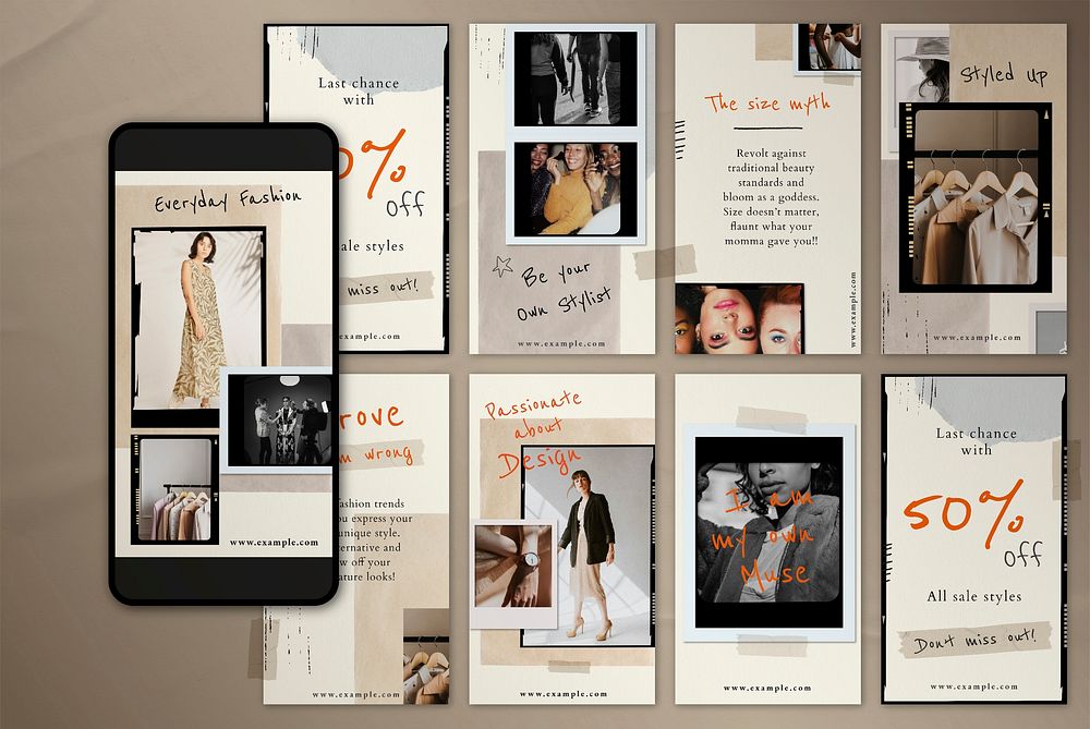 Vintage photo film template vector fashion marketing beige social media story collection
