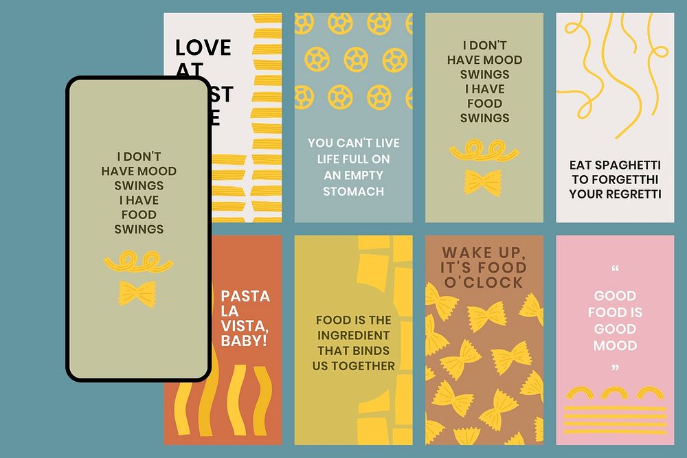 Cute pasta doodle template psd with food quote social media story set