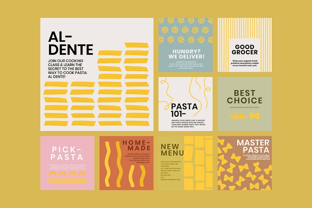 Cute pasta doodle template psd for food social media post set
