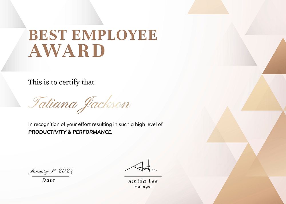 Award certificate template, gold modern design for best employee psd