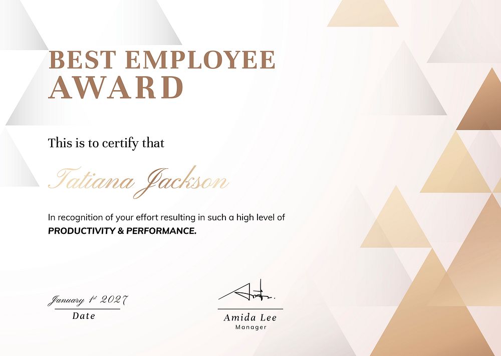 Award certificate template, gold modern design for best employee vector