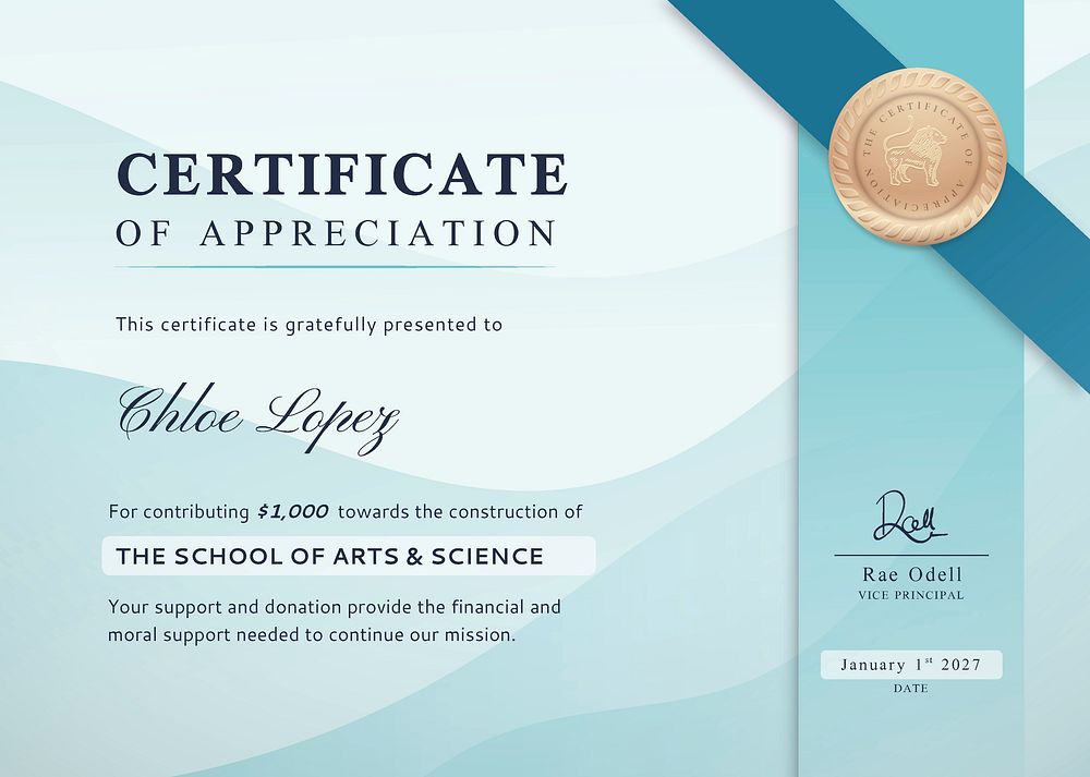 Certificate of appreciation template, modern professional design psd