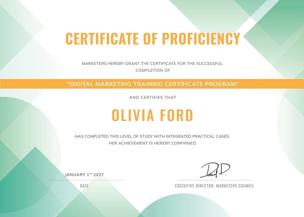 Professional business certificate template psd, modern design in green