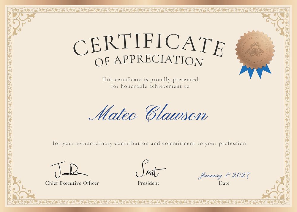Vintage appreciation certificate template psd, professional design in beige