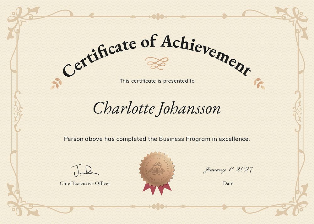 Vintage achievement certificate template psd, professional design in beige