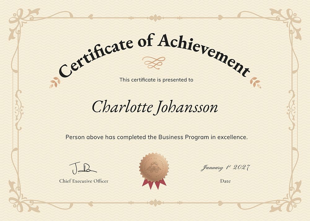 Vintage achievement certificate template vector, professional design in beige