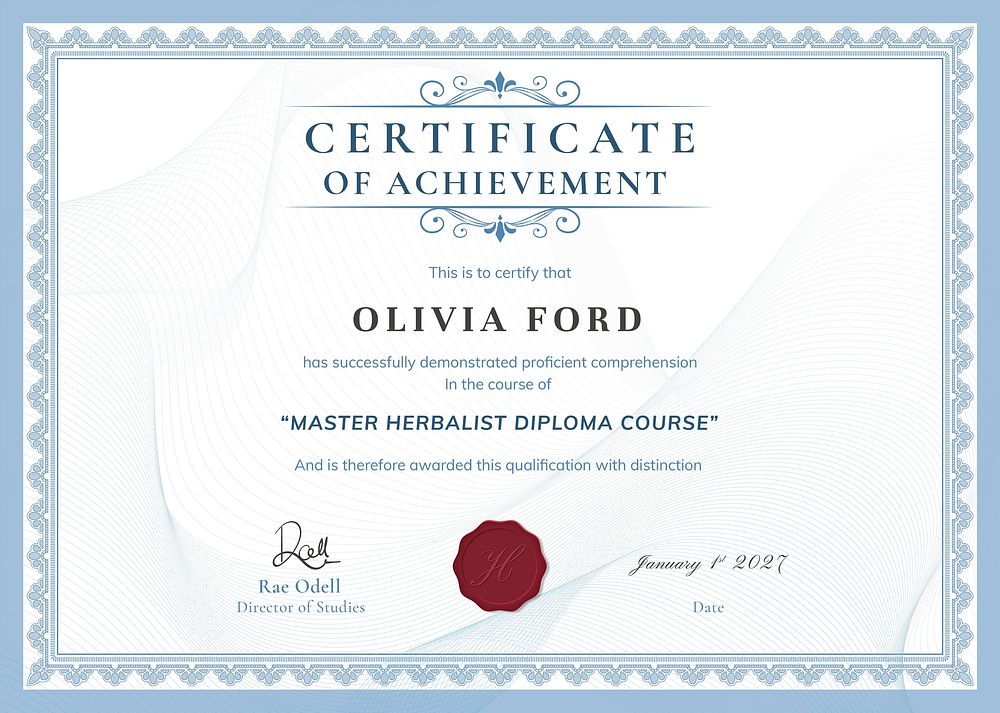 Vintage achievement certificate template vector, professional design in blue