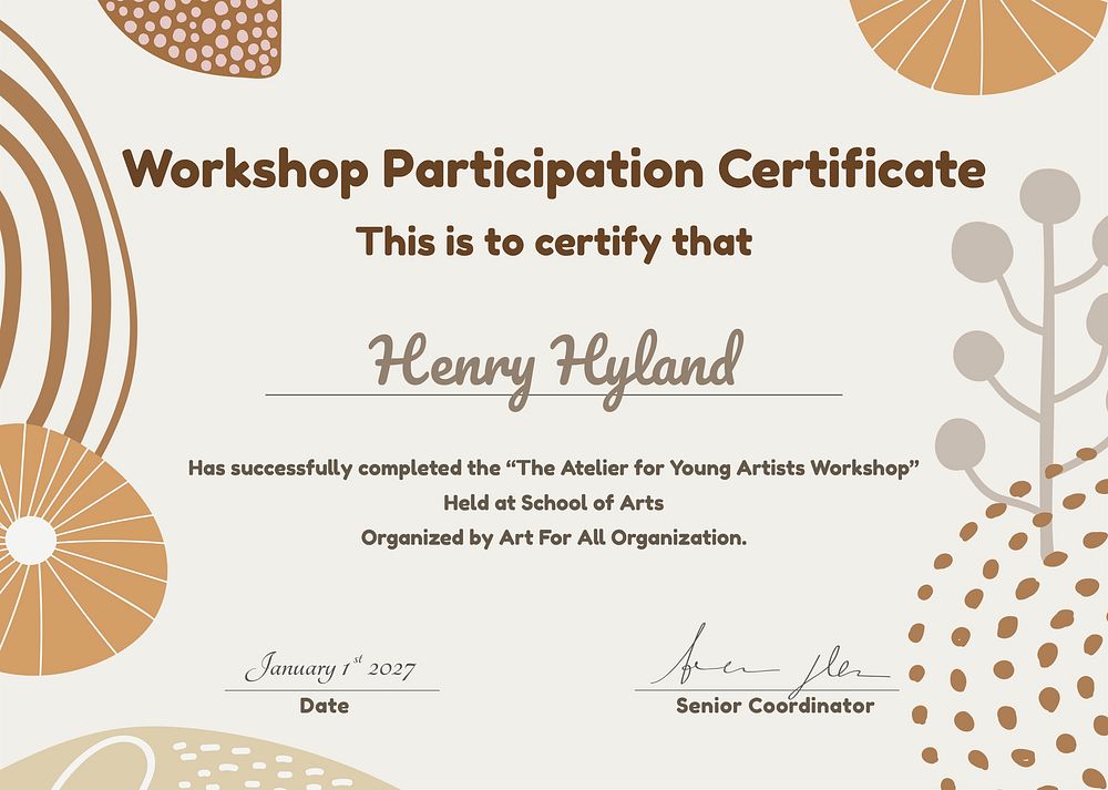 Workshop participation certificate template, creative floral design psd