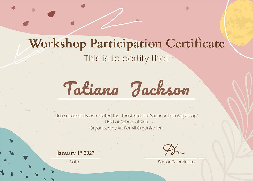 Workshop participation certificate template, creative pastel design vector