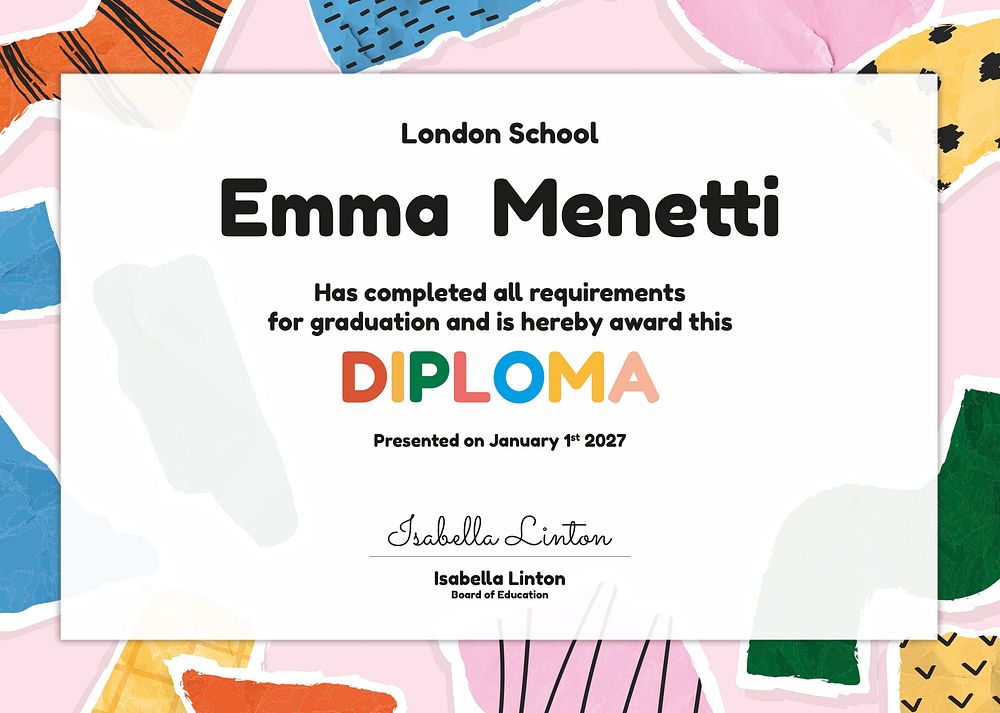 Colorful award certificate template, doodle abstract design for kids psd