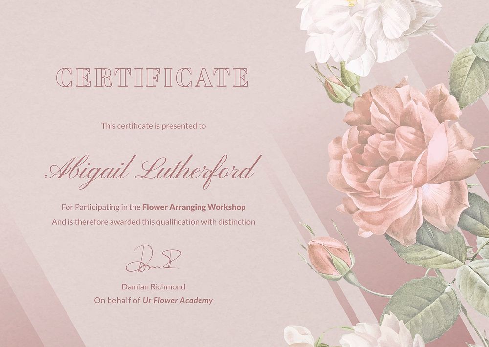 Vintage flower certificate template, pink aesthetic design for workshops vector