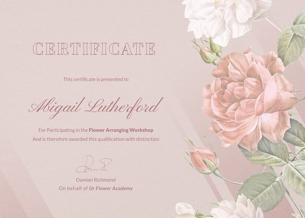 Vintage flower certificate template, pink aesthetic design for workshops psd