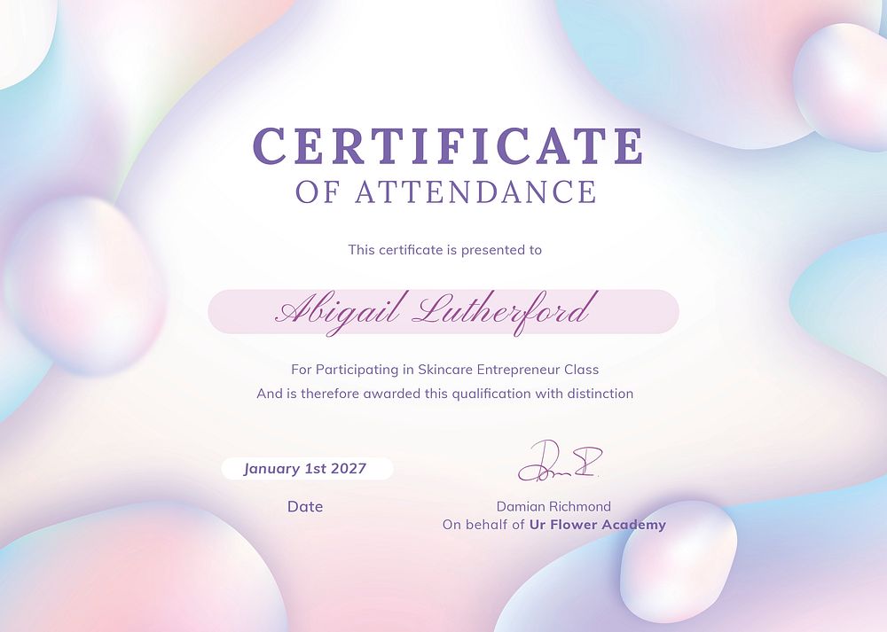 Attendance certificate education template, pink holographic design psd