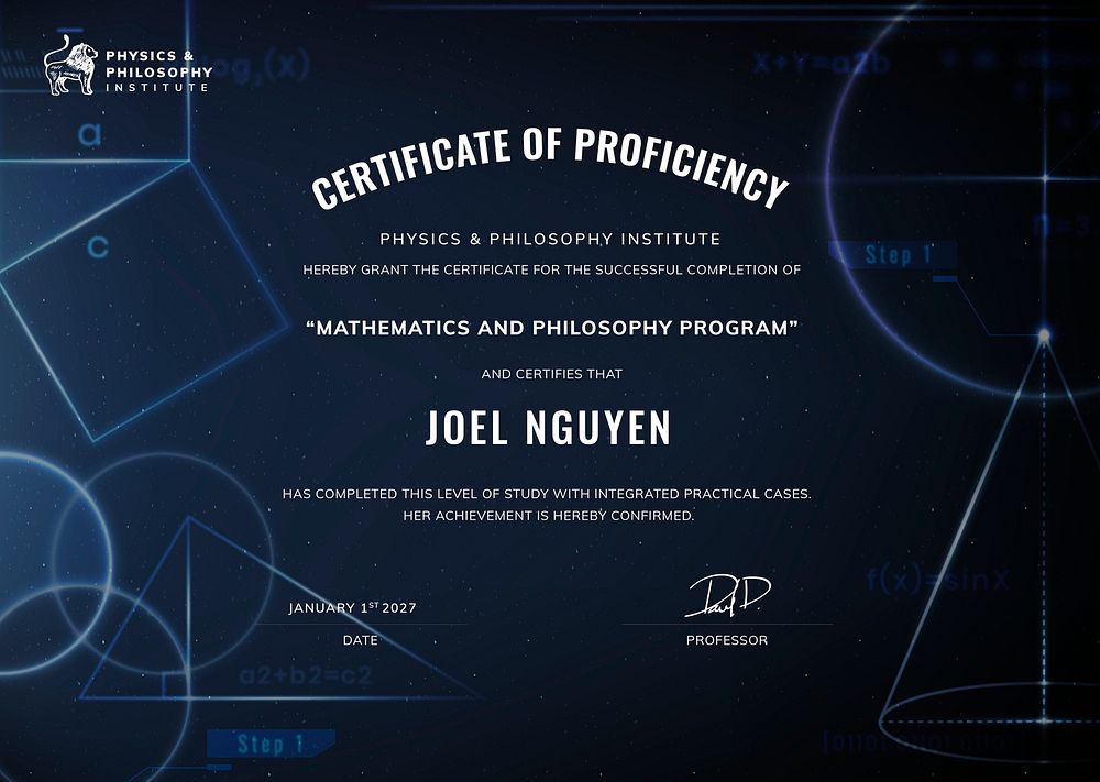 Proficiency certificate template, professional education, geometric design psd