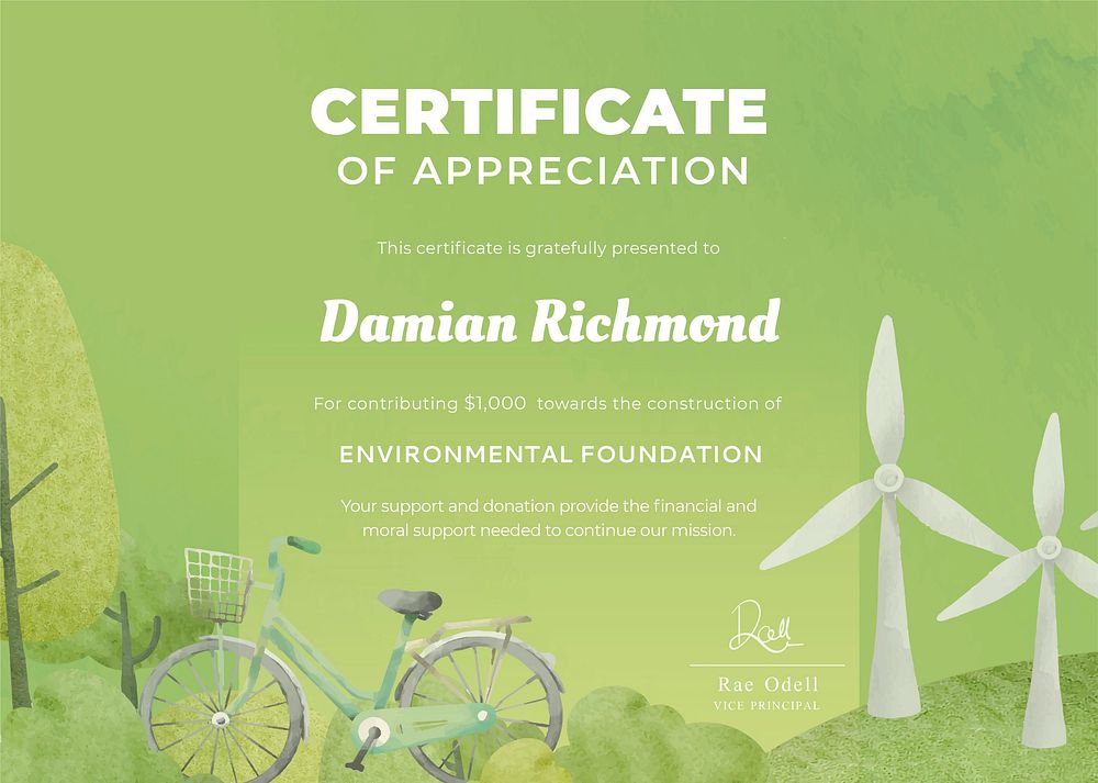 Appreciation certificate template, environmental foundation, green creative design vector