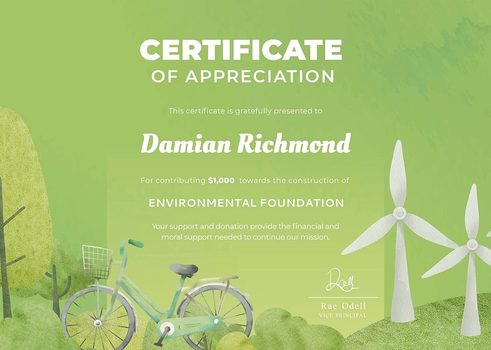 Appreciation certificate template, environmental foundation, green creative design psd