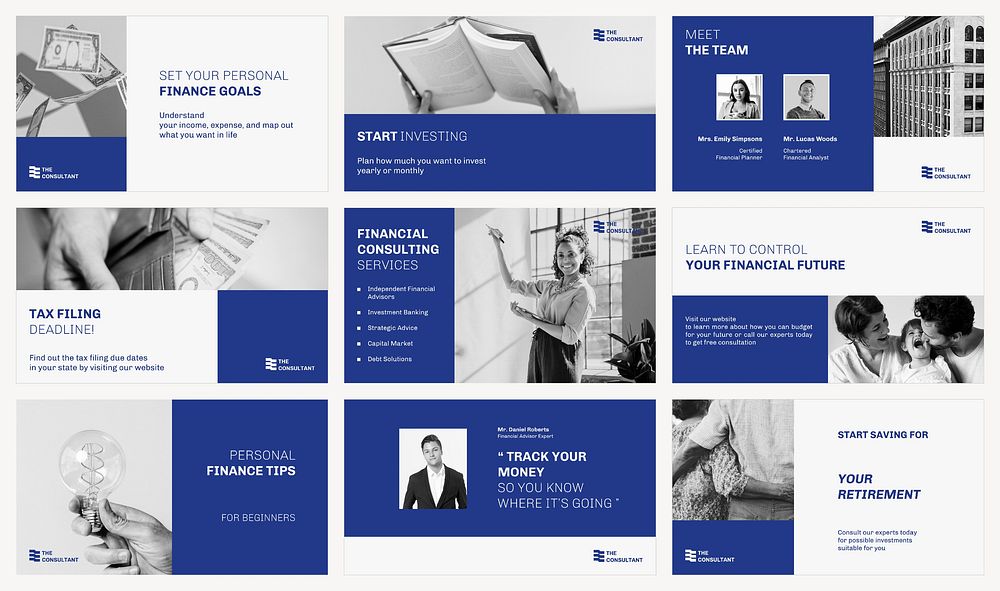 Tax consulting PowerPoint presentation templates, financial advisor, blue design set vector
