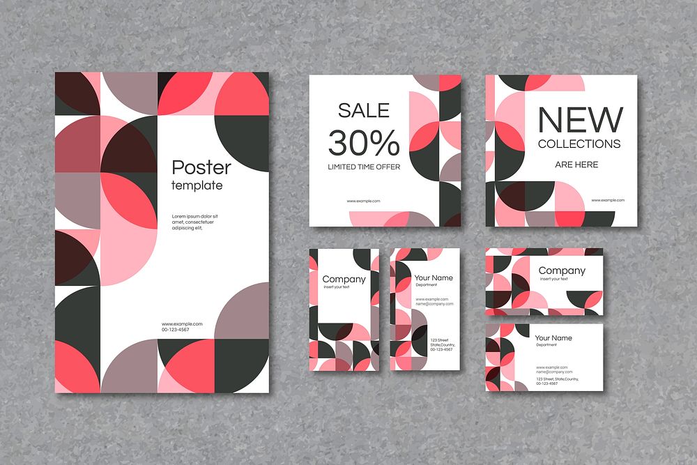 Pink geometric patterned poster and business card template vector set