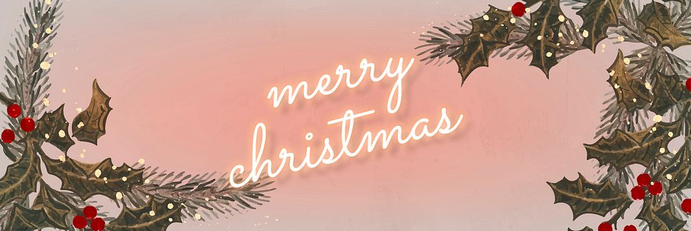 Pink neon text with mistletoes social banner template vector